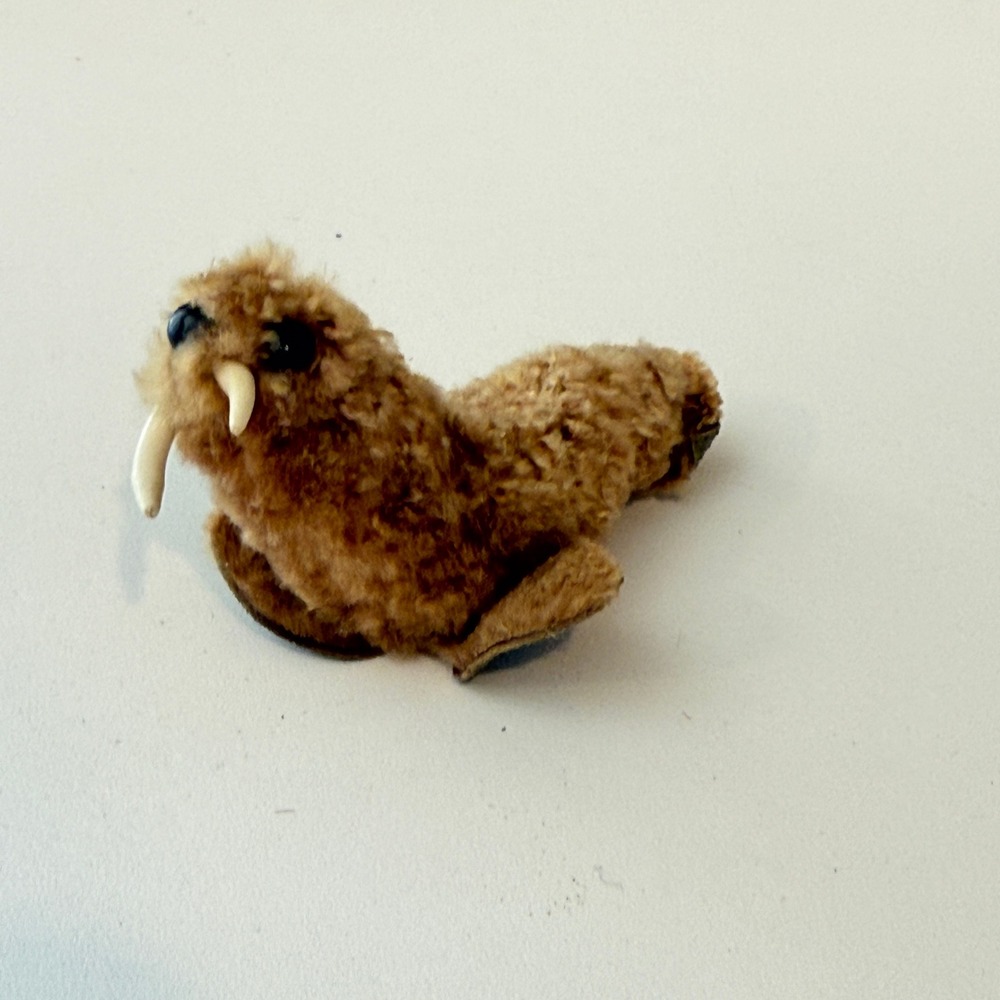 Vintage Miniature Fuzzy Walrus Figurine Brown Plush Arctic Animal Collectible